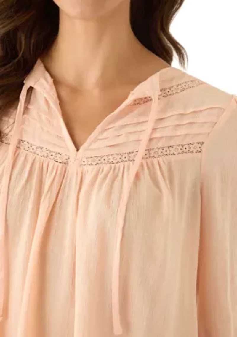 Women's Long Sleeve Tie Dobby Woven Top