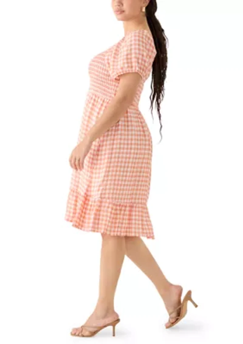 Plus Short Sleeve Smocked Sweetheart Neck Bodice Dress