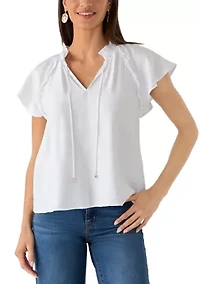 Women's Tie Front Embroidered Bouquet Blouse