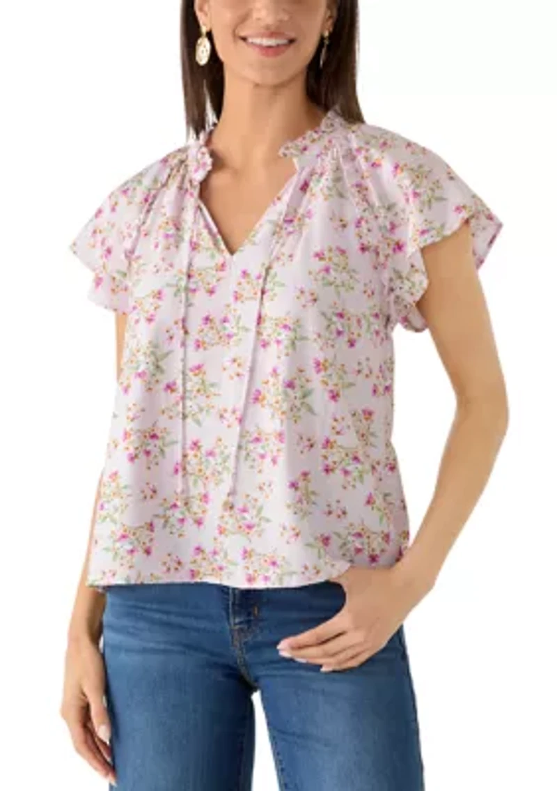 Women's Tie Front Embroidered Bouquet Blouse