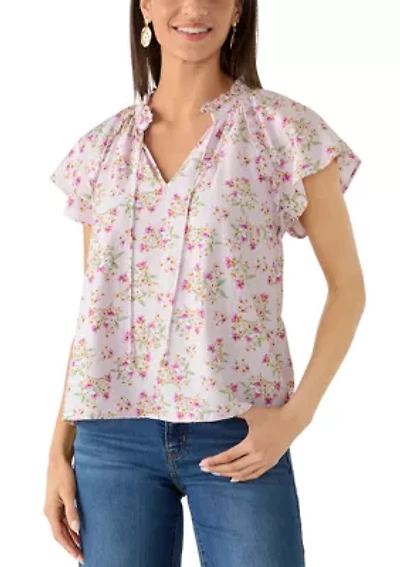 Women's Tie Front Embroidered Bouquet Blouse