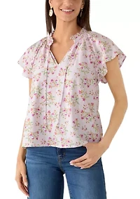 Women's Tie Front Embroidered Bouquet Blouse