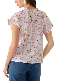 Women's Tie Front Embroidered Bouquet Blouse