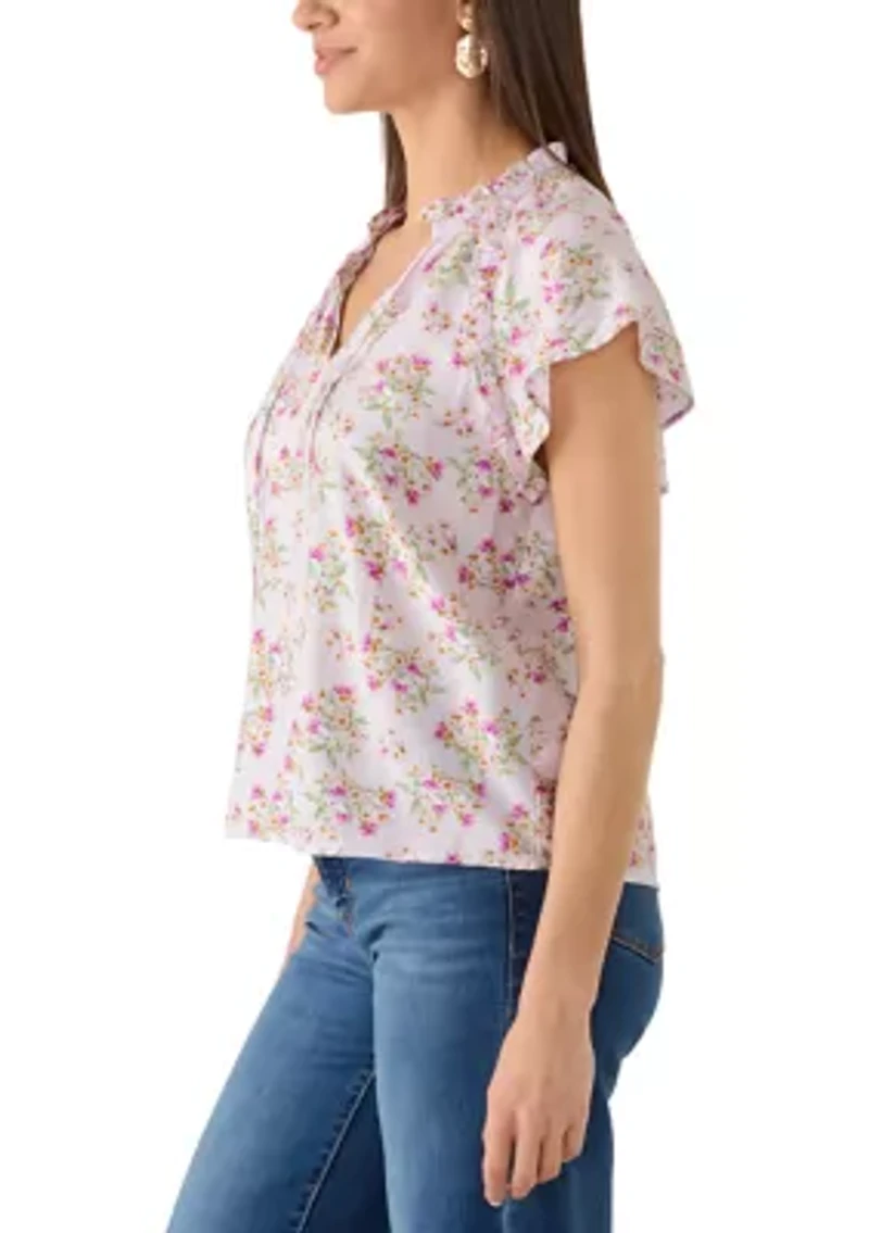 Women's Tie Front Embroidered Bouquet Blouse