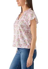 Women's Tie Front Embroidered Bouquet Blouse