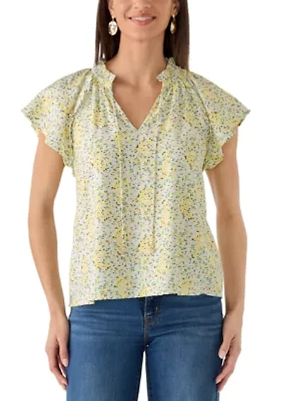 Women's Tie Front Embroidered Bouquet Blouse