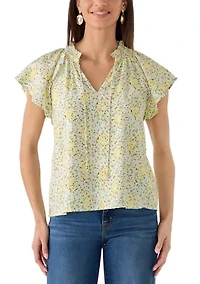 Women's Tie Front Embroidered Bouquet Blouse