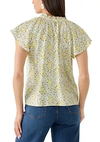 Women's Tie Front Embroidered Bouquet Blouse