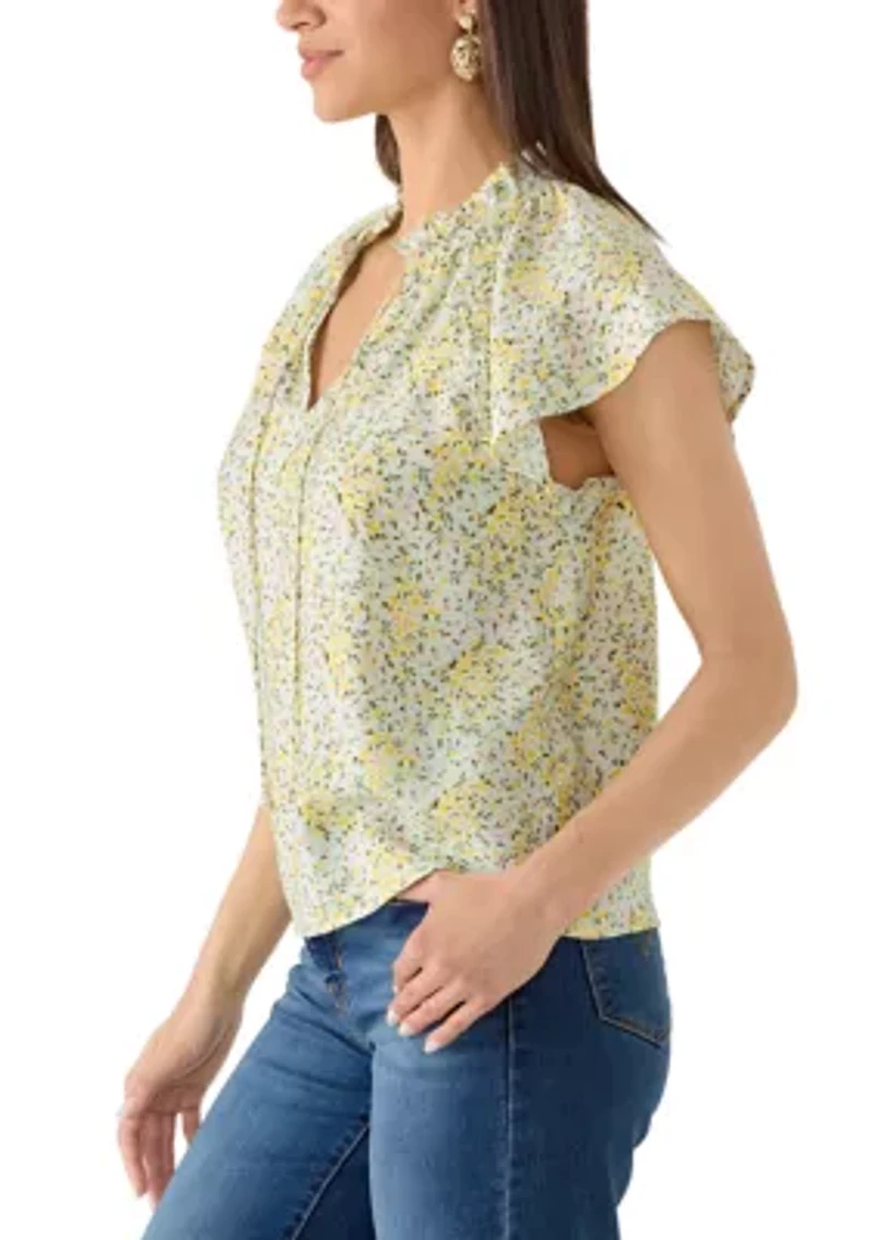 Women's Tie Front Embroidered Bouquet Blouse
