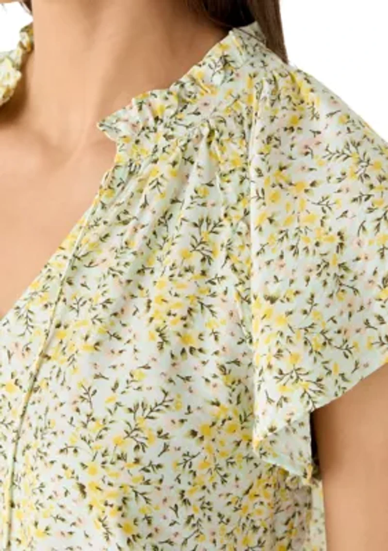 Women's Tie Front Embroidered Bouquet Blouse