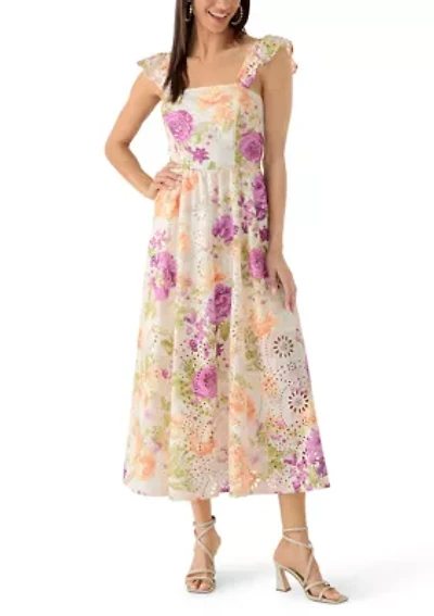 Women's Eyelet Bodice Ruffle Sleeveless Floral Midi Dress