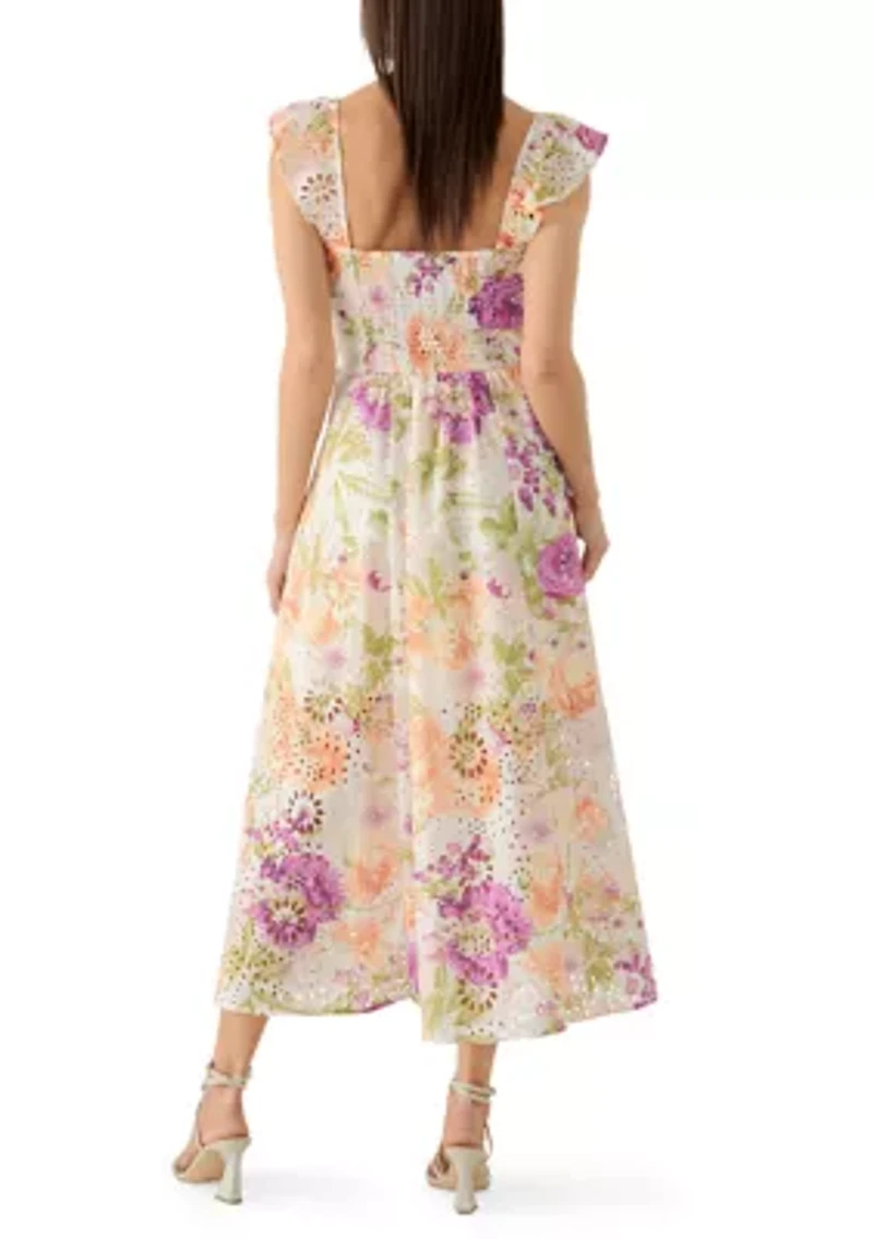 Women's Eyelet Bodice Ruffle Sleeveless Floral Midi Dress