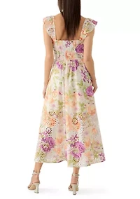 Women's Eyelet Bodice Ruffle Sleeveless Floral Midi Dress