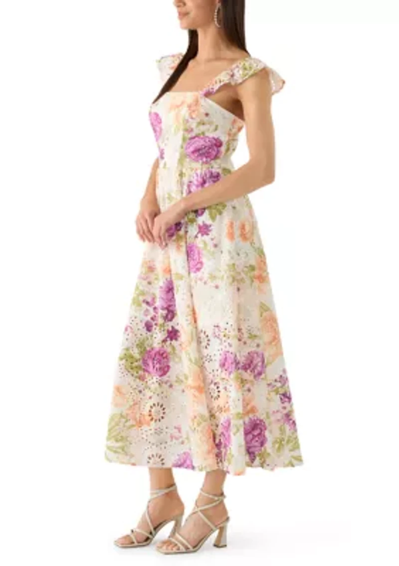 Women's Eyelet Bodice Ruffle Sleeveless Floral Midi Dress