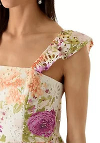 Women's Eyelet Bodice Ruffle Sleeveless Floral Midi Dress