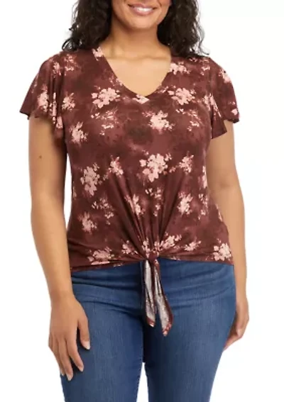 Plus V-Neck Flutter Sleeve Tie Front Top