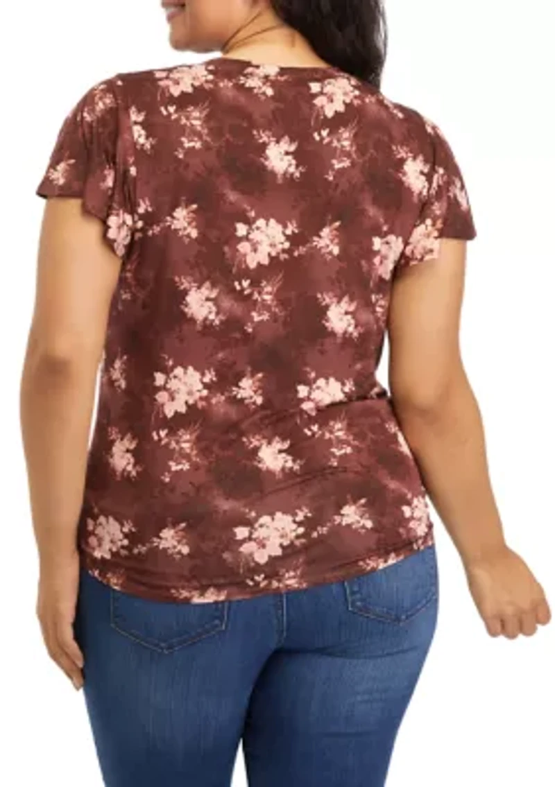 Plus V-Neck Flutter Sleeve Tie Front Top