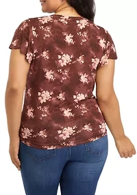 Plus V-Neck Flutter Sleeve Tie Front Top