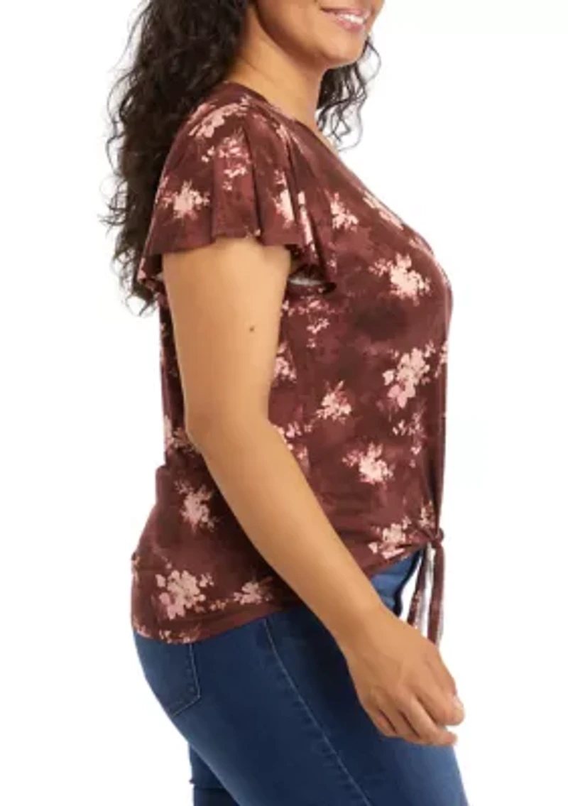 Plus V-Neck Flutter Sleeve Tie Front Top