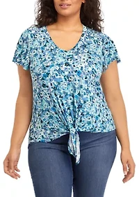 Plus V-Neck Flutter Sleeve Tie Front Top