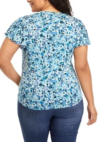 Plus V-Neck Flutter Sleeve Tie Front Top