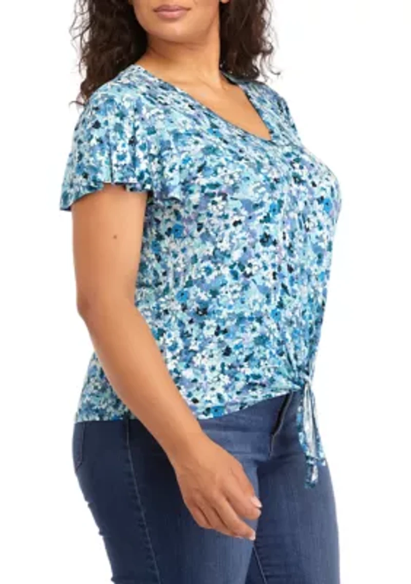 Plus V-Neck Flutter Sleeve Tie Front Top