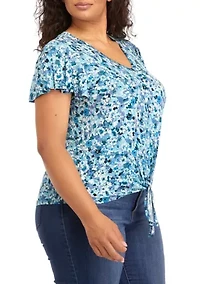 Plus V-Neck Flutter Sleeve Tie Front Top