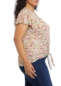 Plus V-Neck Flutter Sleeve Tie Front Top