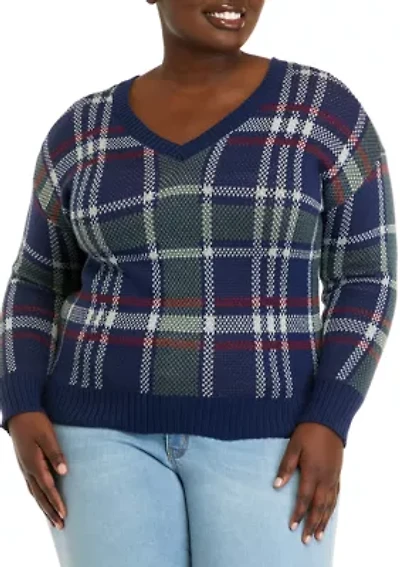 Plus Navy-Forest Plaid V-Neck Sweater