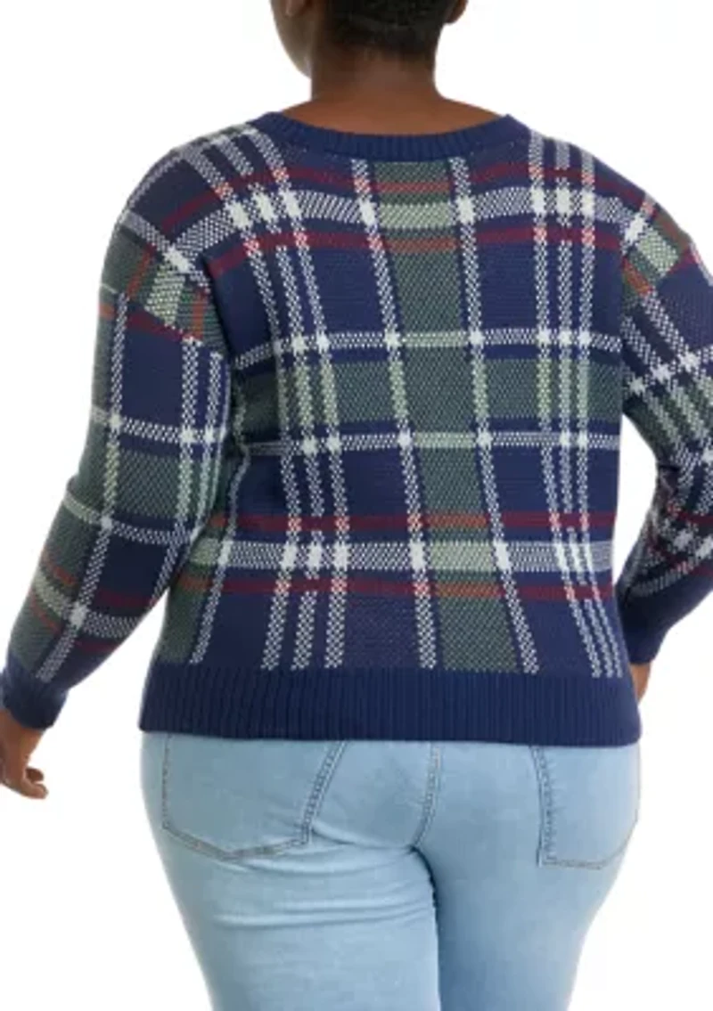Plus Navy-Forest Plaid V-Neck Sweater