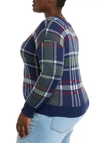 Plus Navy-Forest Plaid V-Neck Sweater