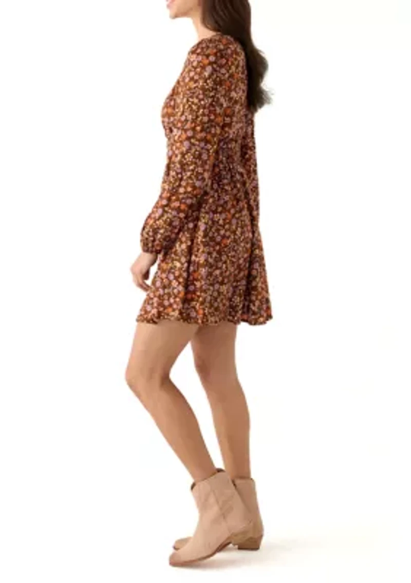 Women's Ruched Cut Out Long Sleeve Peasant Dress