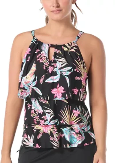 Tropical Jaclyn High Neck Ruffle Tankini Top