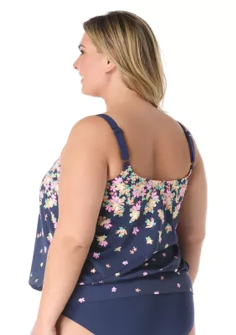 Plus Floral Rain Placement Print Tankini Swim Top