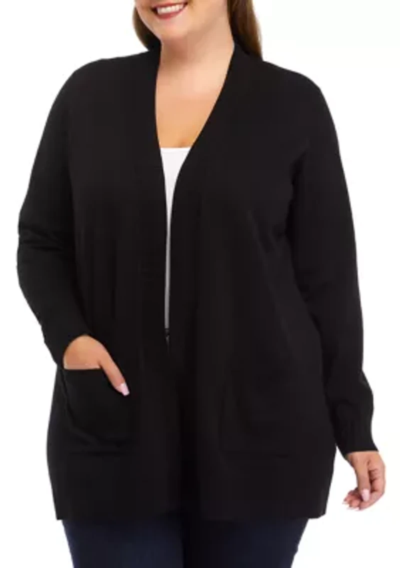 Plus Solid Rib Trim Open Cardigan