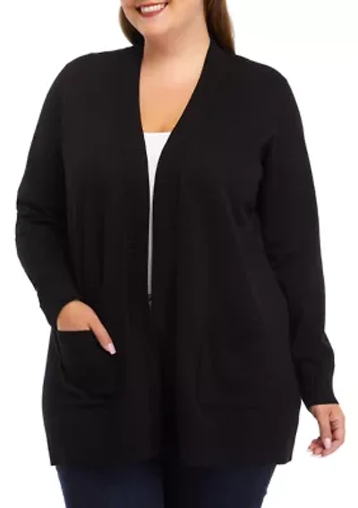 Plus Solid Rib Trim Open Cardigan