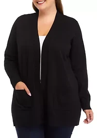 Plus Solid Rib Trim Open Cardigan