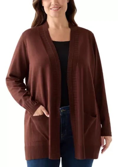 Plus Solid Rib Trim Open Cardigan