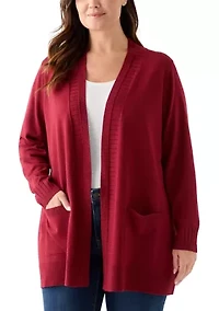Plus Solid Rib Trim Open Cardigan