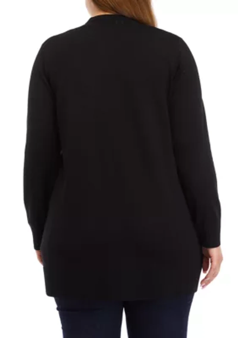 Plus Solid Rib Trim Open Cardigan