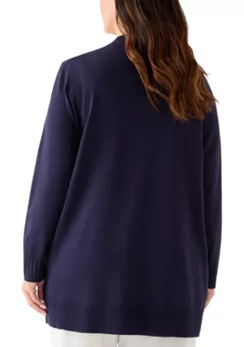 Plus Solid Rib Trim Open Cardigan