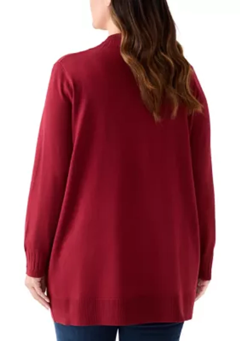 Plus Solid Rib Trim Open Cardigan