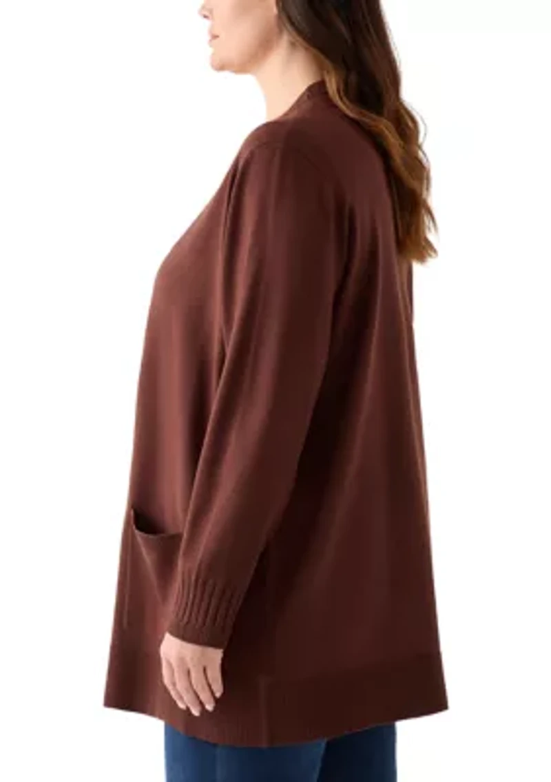 Plus Solid Rib Trim Open Cardigan