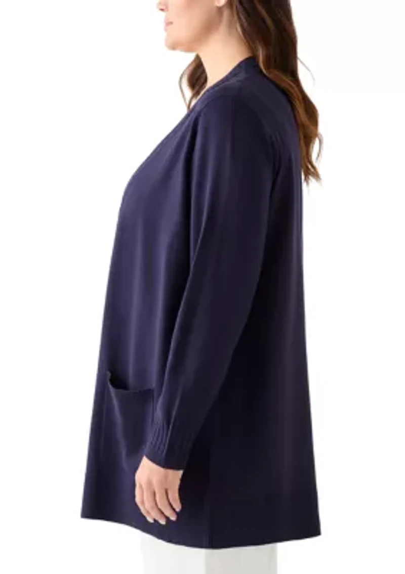 Plus Solid Rib Trim Open Cardigan
