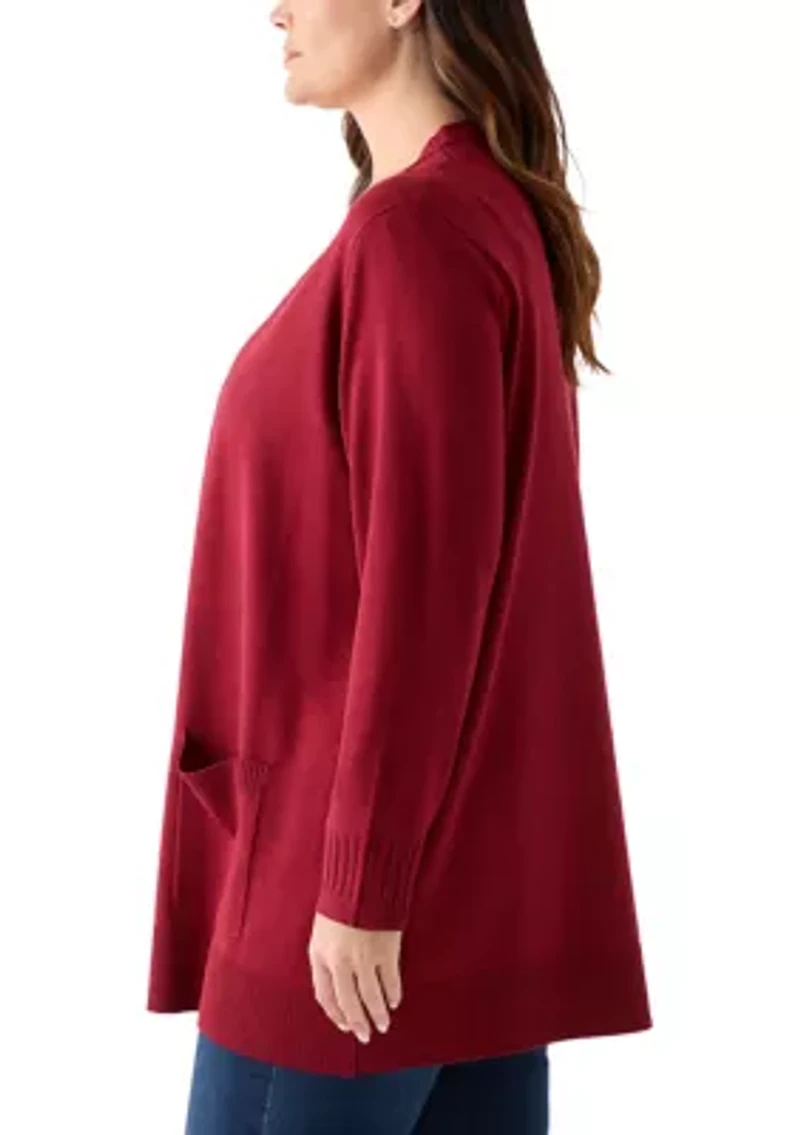 Plus Solid Rib Trim Open Cardigan