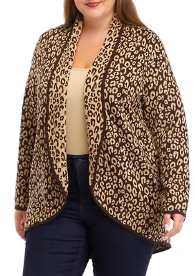 Plus Animal Print Shawl Collar Cardigan