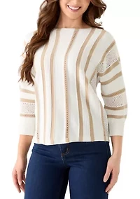Petite 3/4 Sleeve Mix-Stitch Striped Dolman Sweater