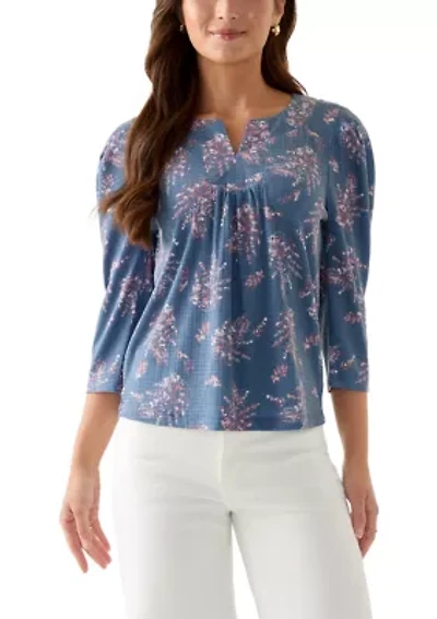 Petite Floral Ribbed Split Neck Top