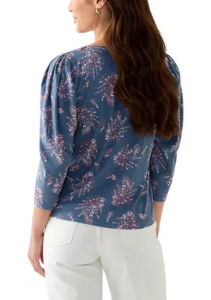 Petite Floral Ribbed Split Neck Top