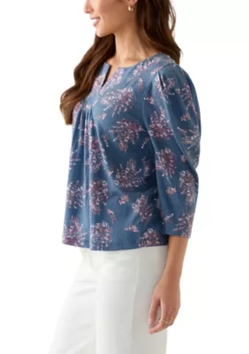 Petite Floral Ribbed Split Neck Top